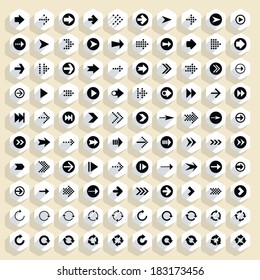 100 arrow flat icon with long shadow. Set 03 Black sign on white hexagon shapes web button on beige background. Simple, minimal, solid, plain style. Vector illustration internet design element 8 eps