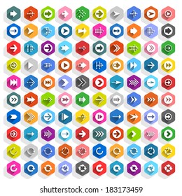 100 arrow flat icon with long shadow. Set 09 White sign on colored hexagon shapes web button on white background. Simple, minimal, solid style. Vector illustration internet design element 10 eps