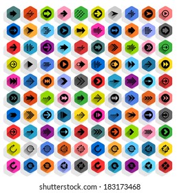 100 arrow flat icon with long shadow. Set 01 Black sign on colored hexagon shapes web button on white background. Simple, solid, plain style. Vector illustration internet design element 10 eps
