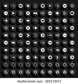 100 arrow flat icon with long shadow. Set 08 White sign on gray hexagon shapes web button on black background. Simple, minimal, solid, plain style. Vector illustration internet design element 8 eps