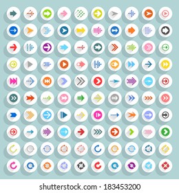 100 arrow flat icon with long shadow. Set 06 Colored sign on white circle shapes web button on blue background. Simple, minimal, solid, plain style. Vector illustration internet design element 8 eps