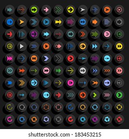 100 arrow flat icon with long shadow. Set 05 Colored sign on gray circle shapes web button on black background. Simple, minimal, solid, plain style. Vector illustration internet design element 8 eps
