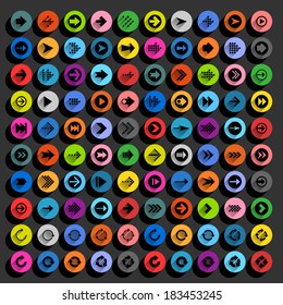100 arrow flat icon with long shadow. Set 02 Black sign on colored circle shapes web button on dark gray background. Simple, minimal, solid, plain style. Vector illustration design element 10 eps