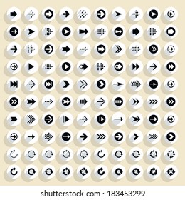100 arrow flat icon with long shadow. Set 03 Black sign on white circle shapes web button on beige background. Simple, minimal, solid, plain style. Vector illustration internet design element 8 eps