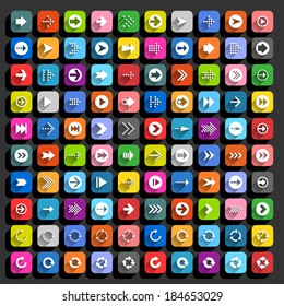 100 arrow flat icon with long shadow. Set 10 White sign on colored rounded square shapes web button on black background. Simple minimal plain style. Vector illustration internet design element 10 eps