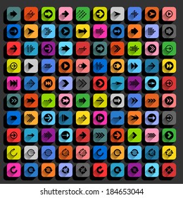 100 arrow flat icon with long shadow. Set 02 Black sign on colored rounded square shapes web button on dark gray background. Simple minimal plain style. Vector illustration design element 10 eps