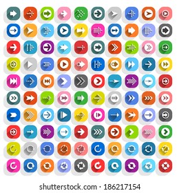 100 arrow flat icon with long shadow. Set 09 White sign on colored rounded square shapes web button on white background. Minimal simple plain style. Vector illustration design element save 10 eps
