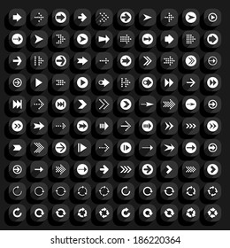 100 arrow flat icon with long shadow. Set 08 White sign on gray rounded square shapes web button on black background. Minimal simple plain style. Vector illustration design element save 8 eps