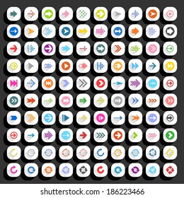100 arrow flat icon with long shadow. Set 07 Colored sign on white rounded square shapes web button on black background. Minimal simple plain style. Vector illustration design element save 8 eps