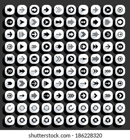100 arrow flat icon with long shadow. Set 04 Black sign on white rounded square shapes web button on dark gray background. Minimal simple plain style. Vector illustration design element save 8 eps