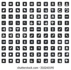 100 Arrow icons set, in black squares, on white background