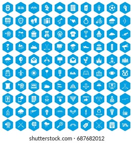 100 arrow icons set in blue hexagon isolated vector illustration