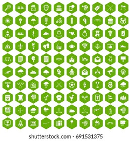 100 arrow icons set in green hexagon isolated vector illustration