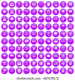 100 arrow icons set in purple circle isolated vector illustration