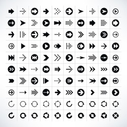 100 arrow sign icon set. Volume 01 (black version). Modern simple pictogram minimal, flat, solid, mono, monochrome, plain, contemporary style. Vector illustration web internet design elements in 8 eps