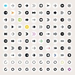 100 arrow sign icon set. Black pictogram on white circle shapes. Modern simple minimal, flat, solid, mono, monochrome, plain, contemporary style. Vector illustration web internet design element 8 eps