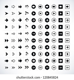 100 arrow sign icon set. Volume 02 (black version). Modern simple pictogram minimal, flat, solid, mono, monochrome, plain, contemporary style. Vector illustration web internet design elements in 8 eps