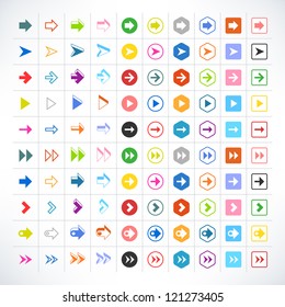 100 arrow sign icon set. Volume 02 (color version). 25 different colors. Modern simple pictogram minimal, flat, solid, mono, plain, modern style. Vector illustration web internet design elements 8 eps