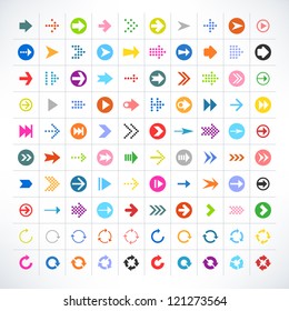 100 arrow sign icon set. Volume 02 (color version). 25 different colors. Simple pictogram minimal, flat, solid, mono, plain, contemporary style. Vector illustration web internet design elements 8 eps