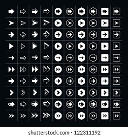 100 arrow sign icon set. Volume 02 (white version). Simple pictogram minimal, flat, solid, mono, monochrome, plain, contemporary 2D style. Vector illustration web internet design elements saved 8 eps