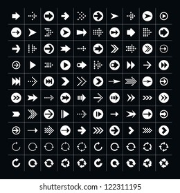 100 arrow sign icon set. Volume 1 (white version). Simple pictogram minimal, flat, solid, mono, monochrome, plain, contemporary 2-d style. Vector illustration web internet design elements saved 8 eps