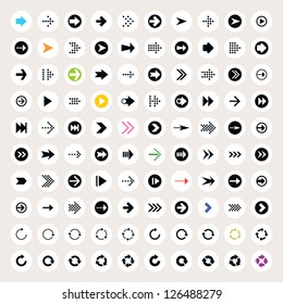 100 arrow sign icon set. Black pictogram on white circle shapes. Modern simple minimal, flat, solid, mono, monochrome, plain, contemporary style. Vector illustration web internet design element 8 eps