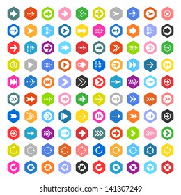 100 arrow sign icon set. White pictogram on color hexagon shapes. Modern simple minimal, flat, solid, mono, monochrome, plain, contemporary style. Vector illustration web internet design element 8 eps