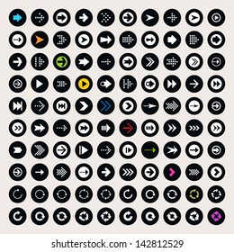 100 arrow sign icon set. Color pictogram on black circle shapes. Modern simple minimal, flat, solid, mono, monochrome, plain, contemporary style. Vector illustration web internet design element 8 eps