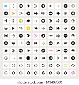 100 arrow sign icon set. Black pictogram in white square button on beige texture paper background. Simple minimal flat solid mono plain style. Vector illustration web internet design element 8 eps