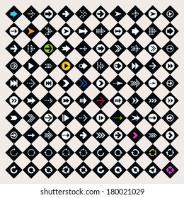100 arrow sign icon set. Color pictogram on black rhombus shapes. Modern simple minimal, flat, solid, mono, monochrome, plain, contemporary style. Vector illustration web internet design element 8 eps
