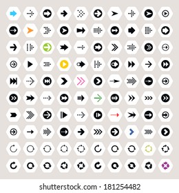 100 arrow sign icon set. Color pictogram on white hexagon shapes. Modern simple minimal, flat, solid, mono, monochrome, plain, contemporary style. Vector illustration web internet design element 8 eps