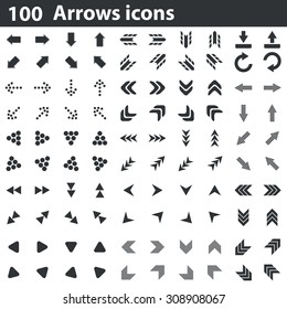 100 arrows icons set, black, on white background