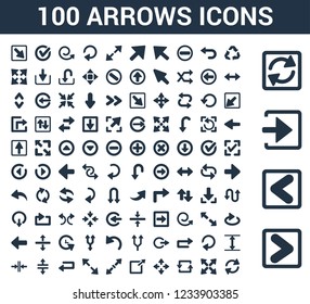 100 arrows universal icons set with Skip Track, Backward Arrow, Enter Left, Loading Arrows, Three Curved Expad Counter Zoom Directions, Exit Top Right, Diagonal Resize