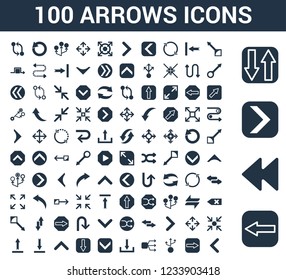 100 Arrows universal icons set with Left arrow, Backward, Right Sort, Drag, Multiply, Download, Download