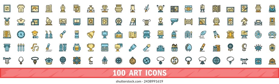 100 art icons set. Color line set of art vector icons thin line color flat on white