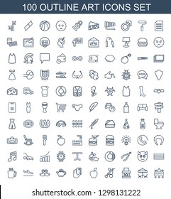 100 art icons. Trendy art icons white background. Included outline icons such as Jackpot, table under umbrella, fireplace, baby stroller, apple, credit card in hand. art icon for web and mobile.