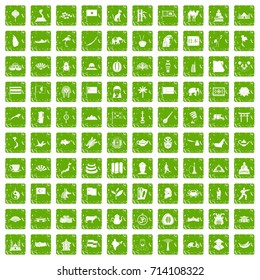 100 Asia icons set in grunge style green color isolated on white background vector illustration