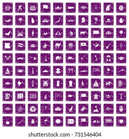 100 Asia icons set in grunge style purple color isolated on white background vector illustration