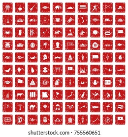 100 Asia icons set in grunge style red color isolated on white background vector illustration