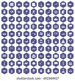 100 Asia icons set in purple hexagon isolated vector illustration