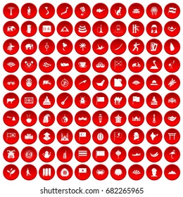 100 Asia icons set in red circle isolated on white vector illustration