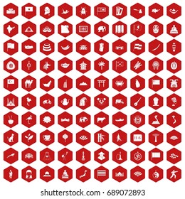 100 Asia icons set in red hexagon isolated vector illustration