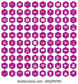 100 Asia icons set in violet hexagon isolated vector illustration