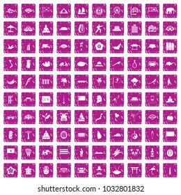 100 asian icons set in grunge style pink color isolated on white background vector illustration