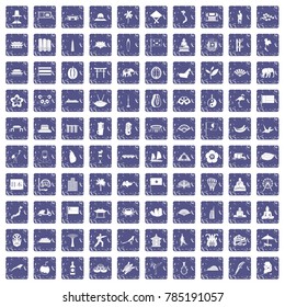 100 asian icons set in grunge style sapphire color isolated on white background vector illustration