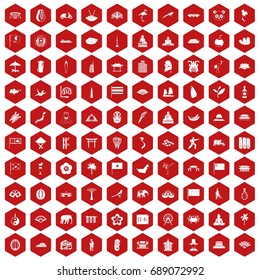 100 asian icons set in red hexagon isolated vector illustration