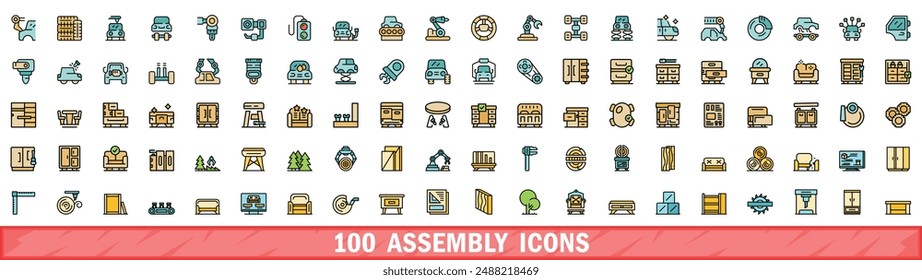 Conjunto de 100 iconos de conjunto. Conjunto de línea de color de iconos vectoriales de ensamblaje línea fina color plana en blanco