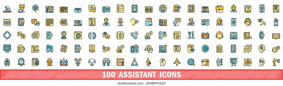 100 assistant icons set. Color line set of assistant vector icons thin line color flat on white