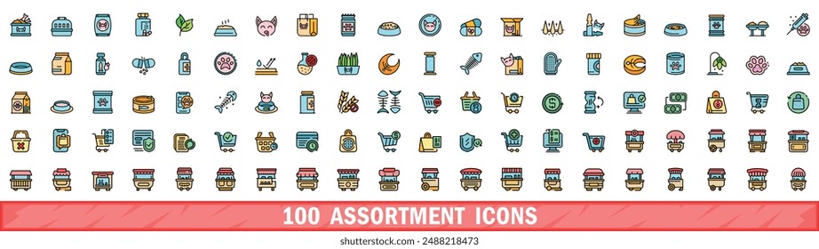 100 assortment icons set. Color line set of assortment vector icons thin line color flat on white