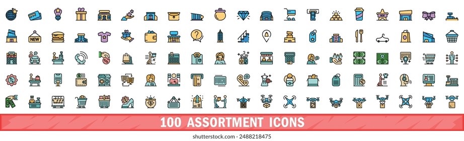 100 assortment icons set. Color line set of assortment vector icons thin line color flat on white